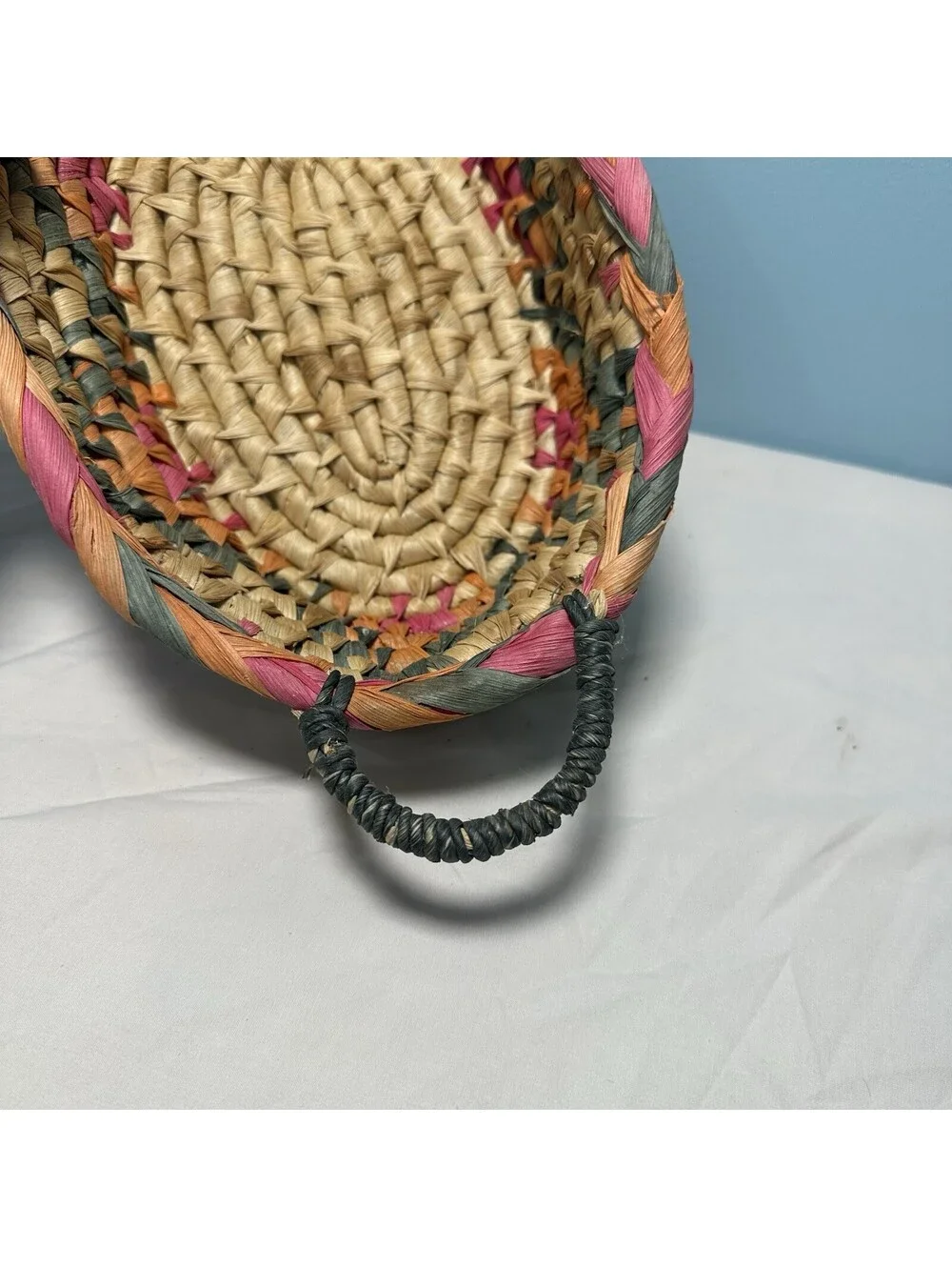 Vintage Hand Woven Oval Seagrass Basket Bowl Boho Two Handles Pink Teal Orange